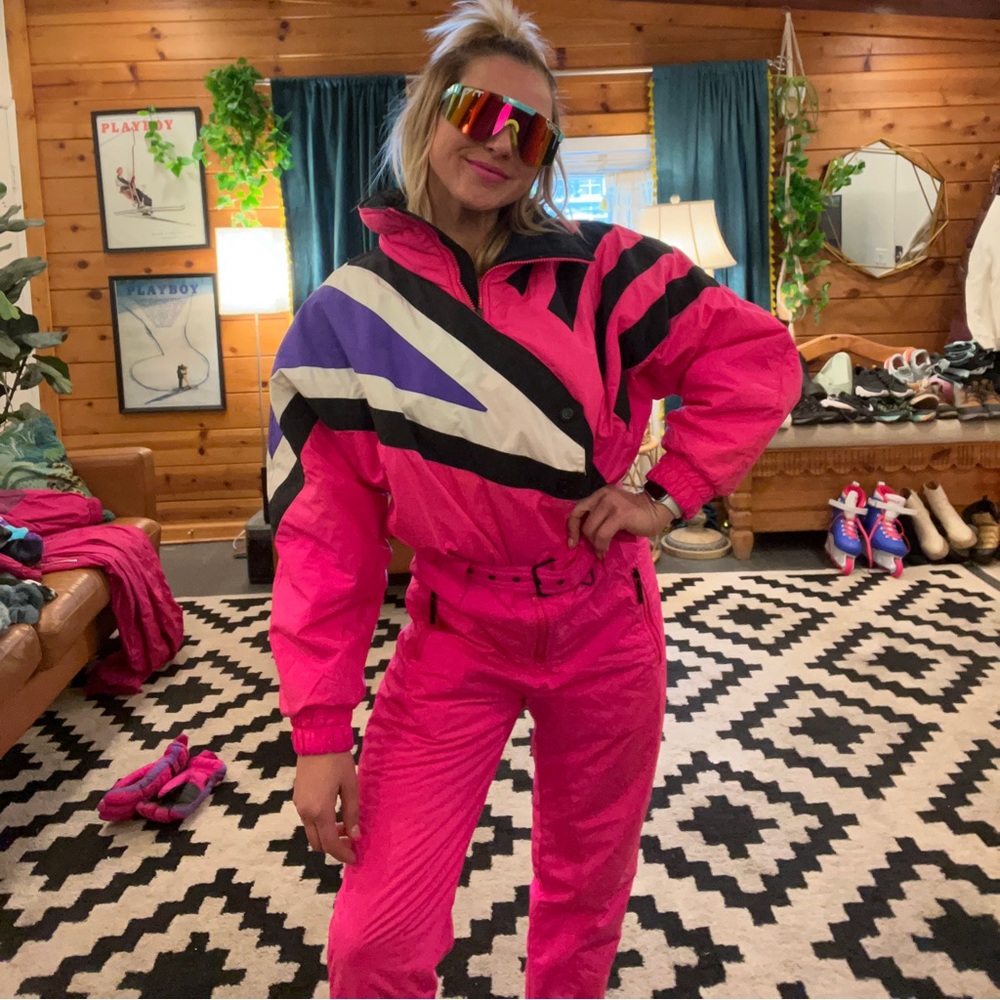 Vintage 80s TYROLIA Womens One piece Snow Suit Ski Bib Snowsuit PINK